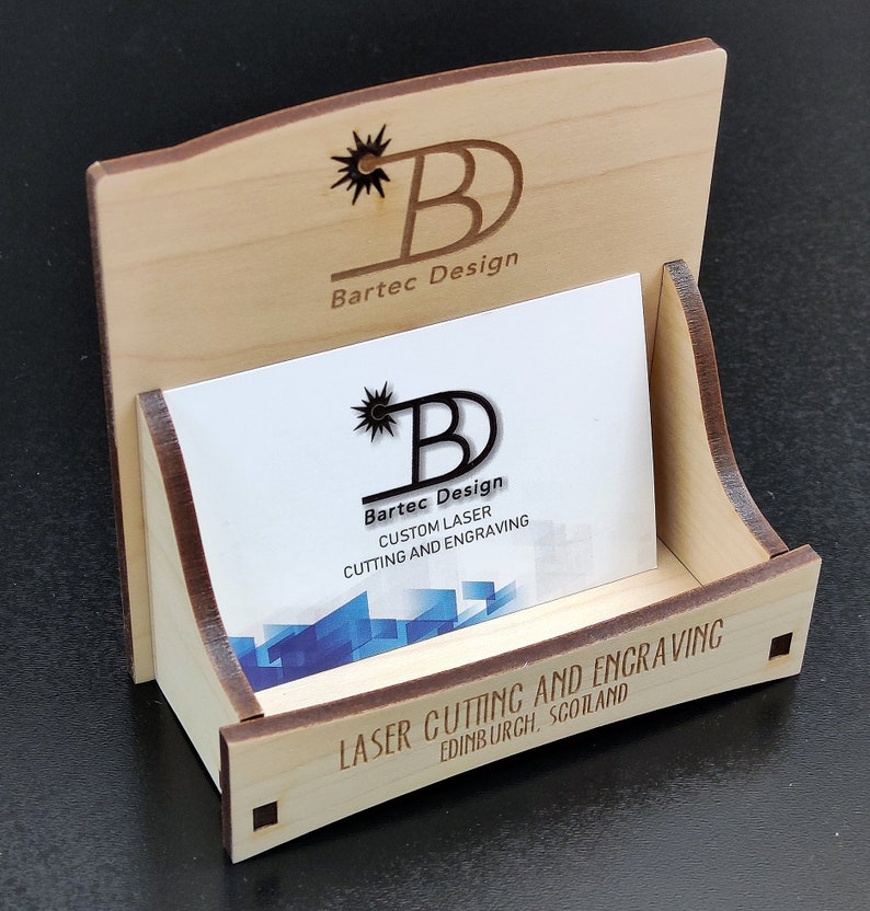 Customized business card holder. Laser engraved, Different materials Veneered MDF MAPLE