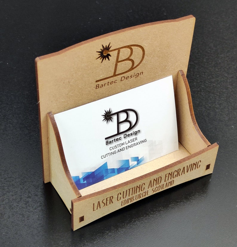 Customized business card holder. Laser engraved, Different materials Plain 3mm MDF