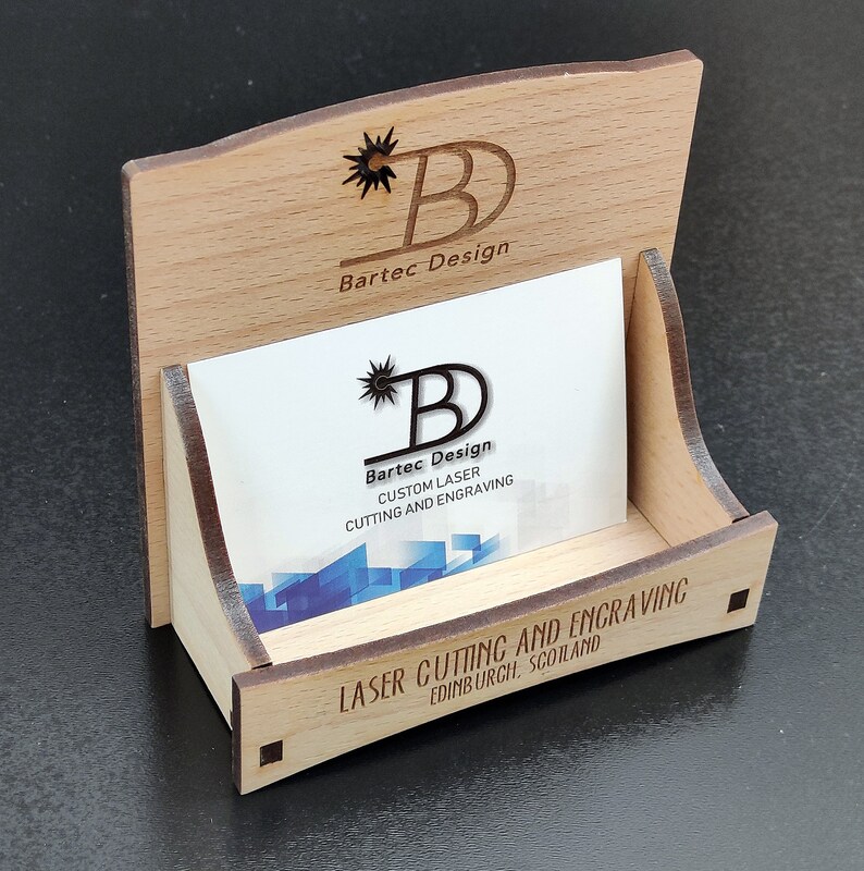 Customized business card holder. Laser engraved, Different materials Veneered MDF BEECH