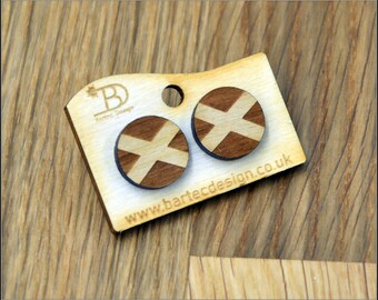 Wooden Earrings Studs - 15mm - Scottish FLAG - REAL WOOD