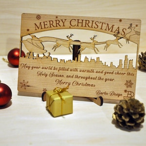 Wooden Christmas Cards - Santa and Reindeer - Unique Christmas Card - Fully Personalisable