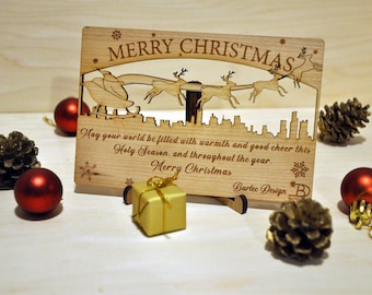 Weihnachtskarten aus Holz - Weihnachtsmann und Rentier - Einzigartige Weihnachtskarte - Voll personalisierbar