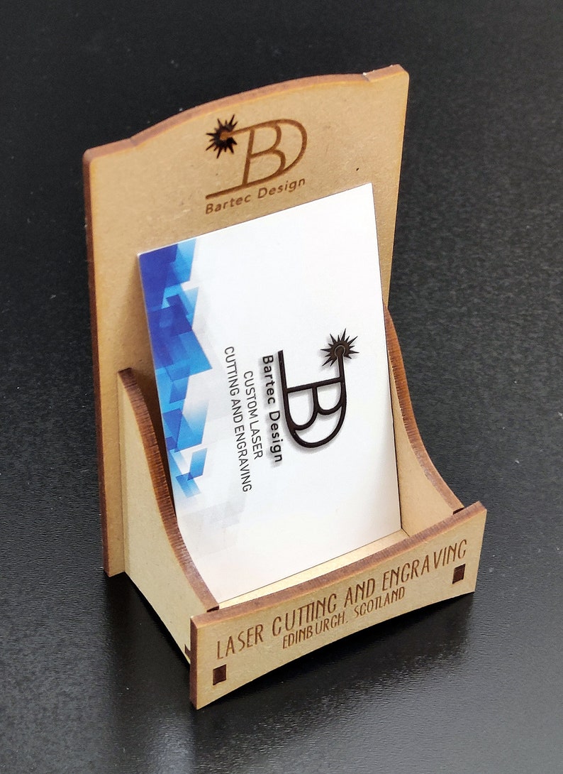 Customized business card holder. Laser engraved, Different materials Vertical Plain MDF