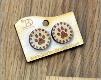 Wooden Earrings Studs - 15mm - Dogs PAWS - REAL WOOD