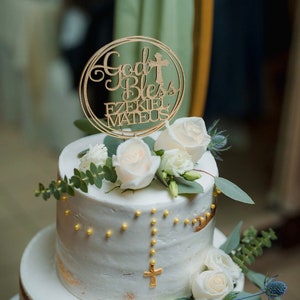 Laser Cut Engraved God Bless Baptism Cake Topper Baby Shower Cake Topper Newborn Christening Holy First Communion Pregnant It’s A Boy Girl