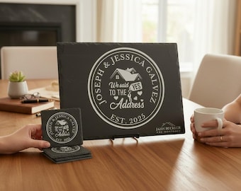 Slate Cheese Board with Custom Laser Engraved Coasters | Wedding, New Home, Realtor Closing Gift, Housewarming, Rustic Modern Cheese Tray
