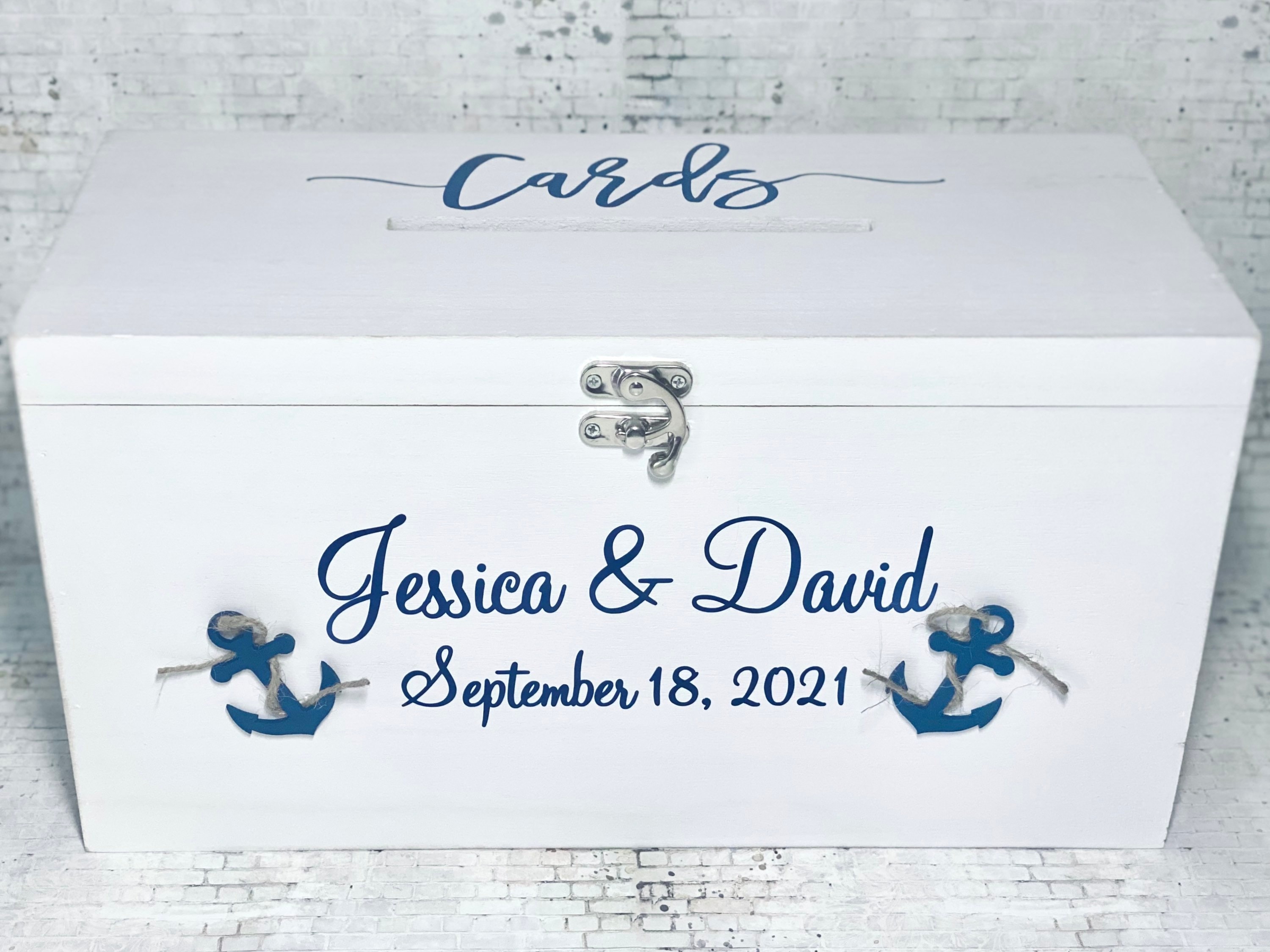 Customizable Wooden Whitewash Anchor Wedding Card Box Personalized Wood Box Nautical Anniversary Graduation Espresso Keepsake