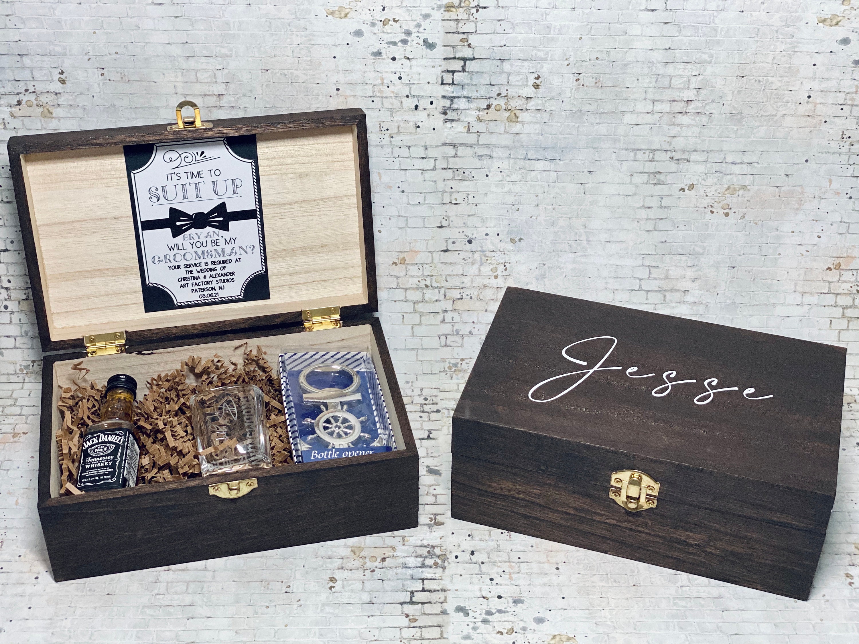 Groomsman Proposal Box Suit Up Wooden Groomsmen Boxes Groom Box Keepsake Gifts For Him Bachelor Wedding Party Personalized Shot Glass