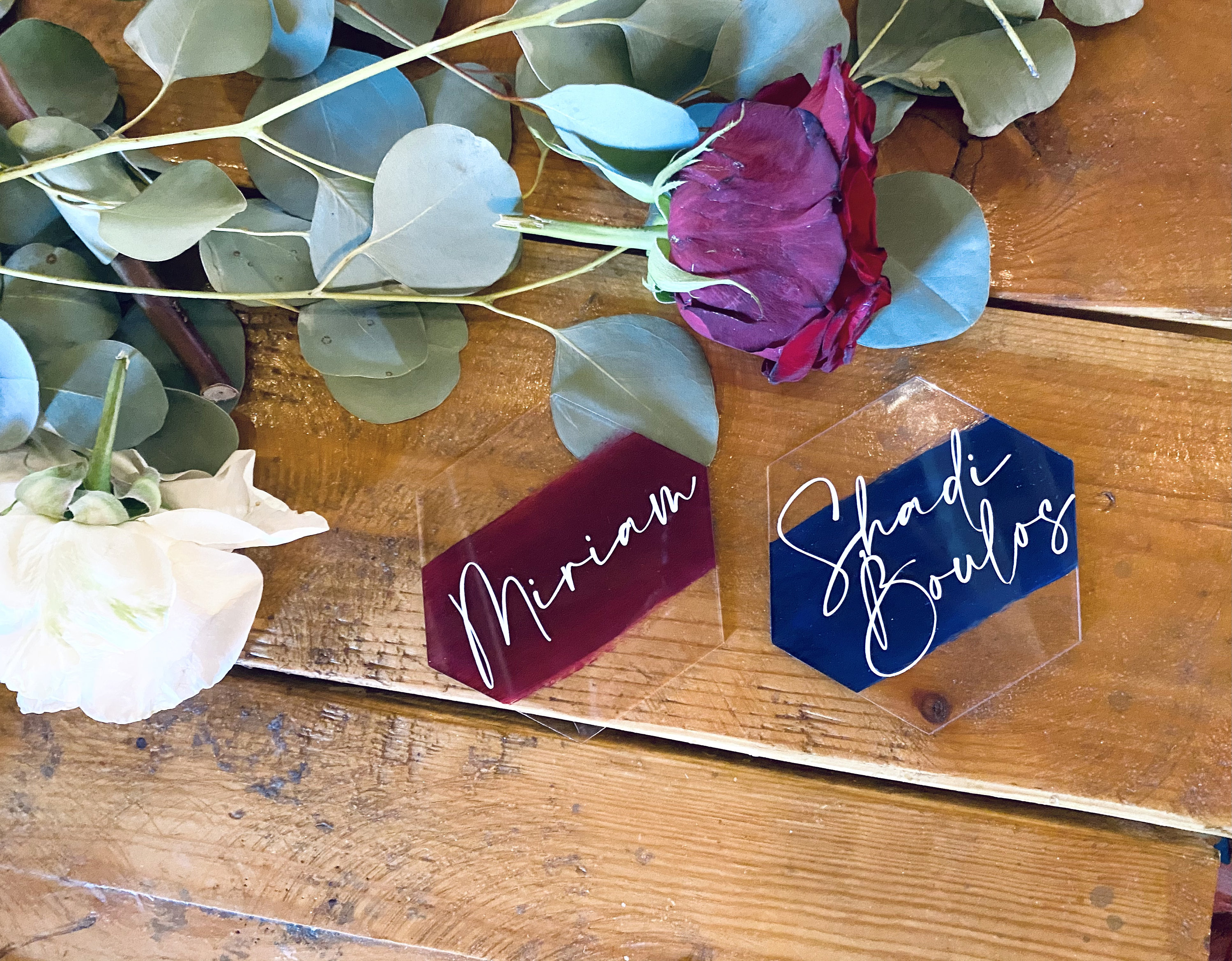 Acrylic Hexagon Place Cards Rustic Wedding Paint Splash Acrylic Escort Name Cards Bridal Shower Bride Bachelorette Reception Ceremony