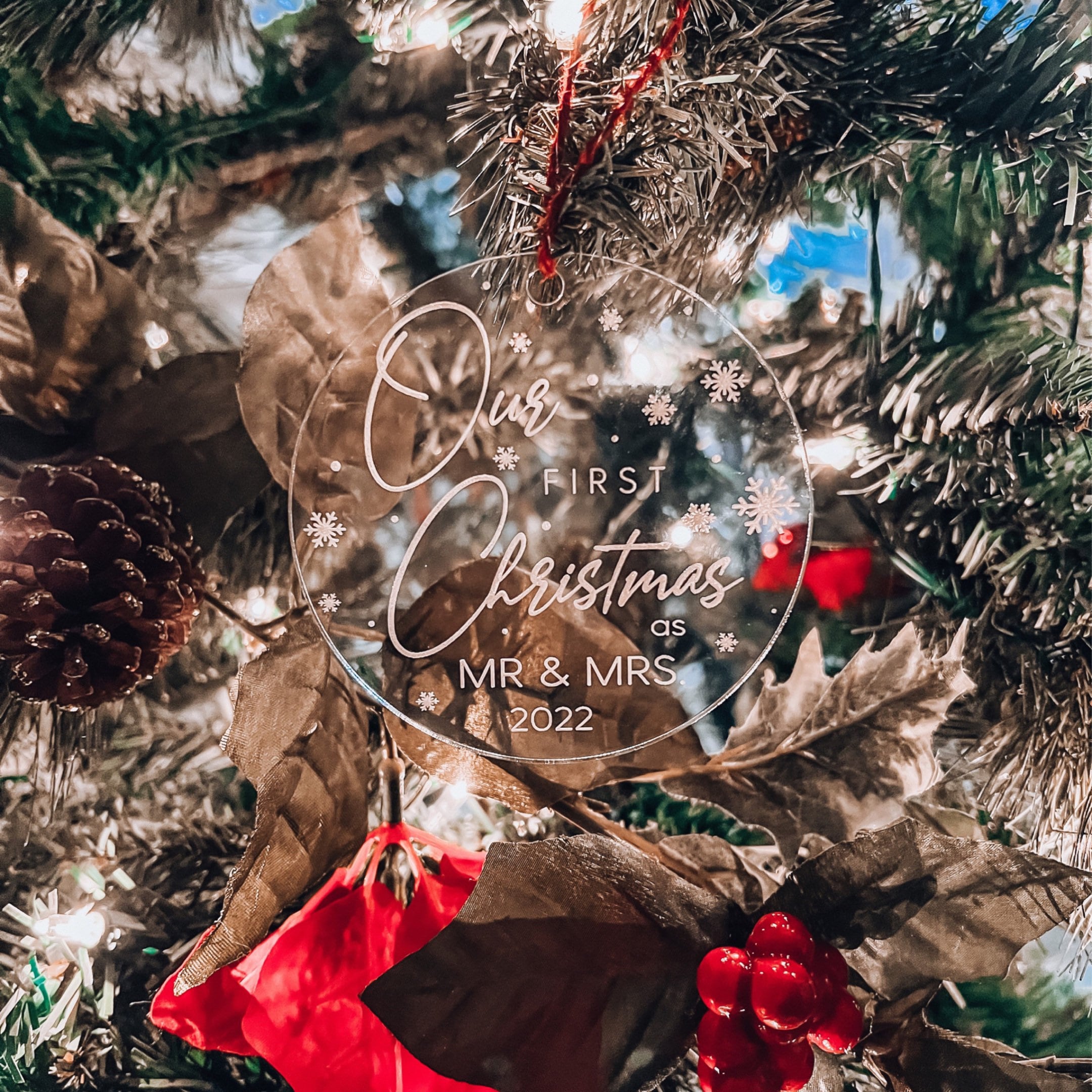3D Laser Cut Engraved Christmas Ornament - Our First Christmas As Mr. & Mrs. - Baby‚'s First Christmas - Merry and Married - Engaged