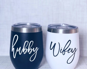 Matching Hubby & Wifey Tumblers - 12oz Stainless Steel Personalized Travel Mugs, Wedding Gift Couples Set, Insulated Drinkware