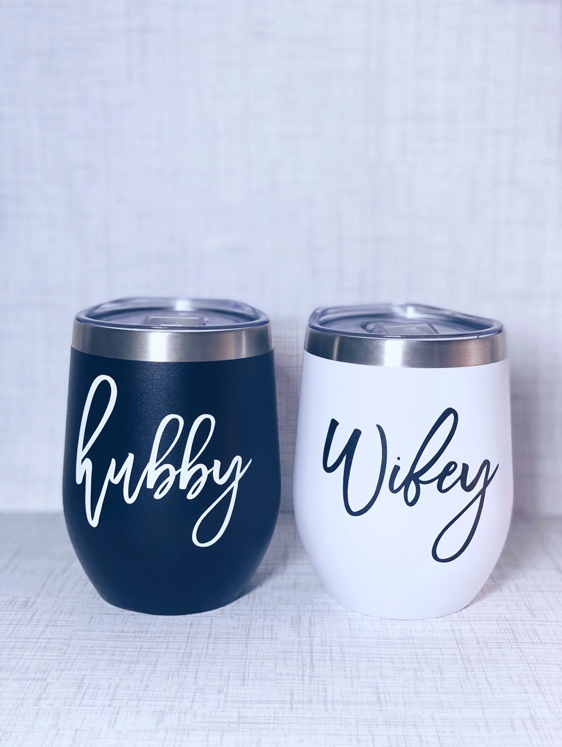 Matching Hubby & Wifey Tumblers - 12oz Stainless Steel Personalized Travel Mugs, Wedding Gift Couples Set, Insulated Drinkware