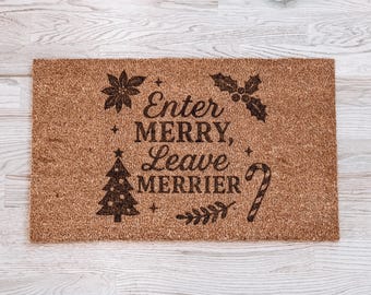Engraved Enter Merry Leave Merrier Coir Doormat, Indoor Outdoor Plain 18x30, Dirt-Blocking Entrance Rug, Holiday Welcome Mat Christmas Decor