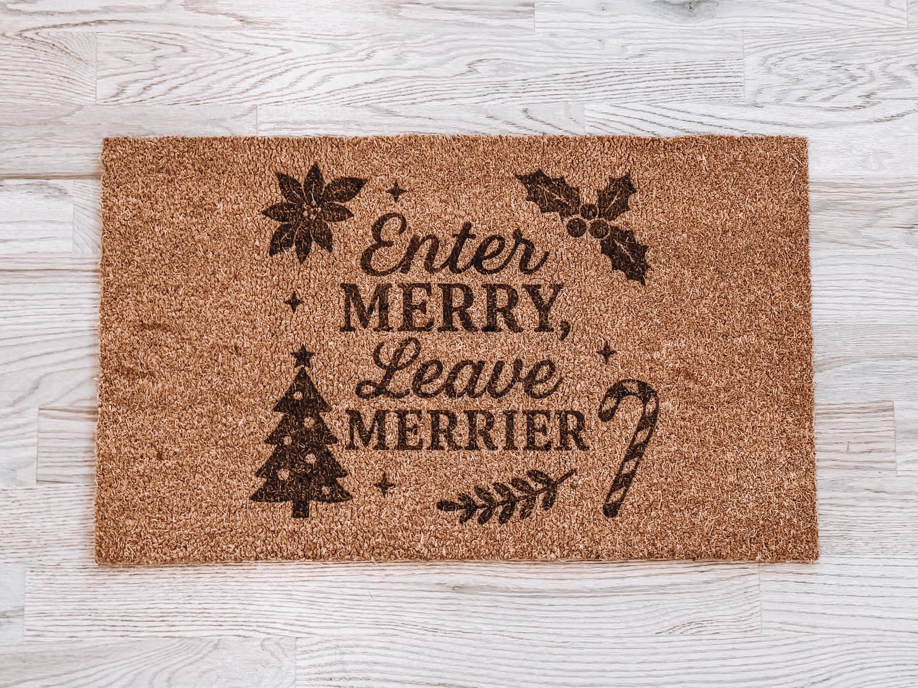 Engraved Enter Merry Leave Merrier Coir Doormat, Indoor Outdoor Plain 18x30, Dirt-Blocking Entrance Rug, Holiday Welcome Mat Christmas Decor