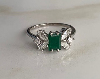 Art Deco 18 Carat White Gold Emerald and Diamond Ring