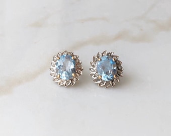 Vintage 9 Carat Yellow and White Gold Aquamarine and Diamond Cluster Earrings