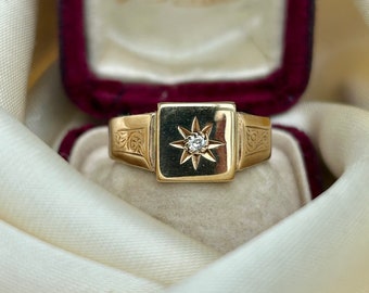 Chunky 9ct Gold Signet Ring with Diamond Star
