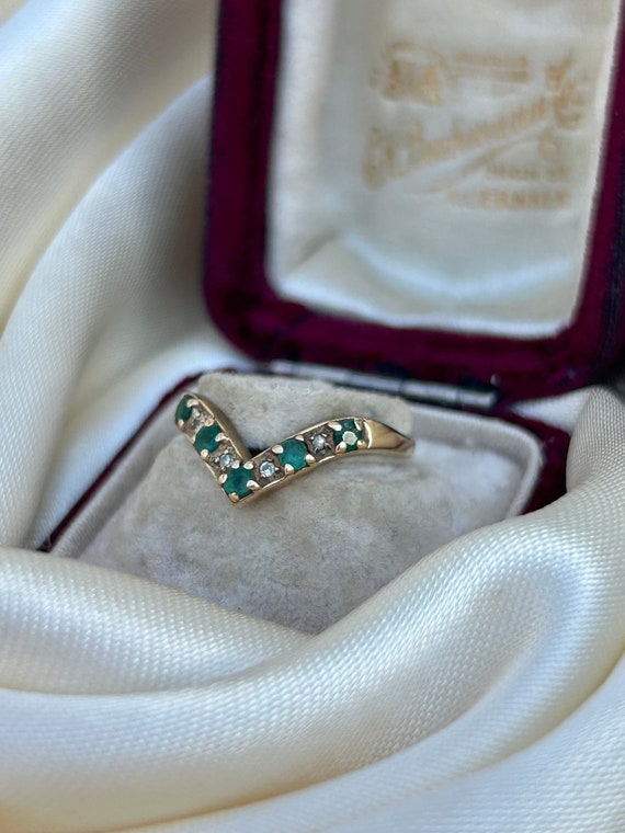 Vintage 9ct Gold Emerald x Diamond Wishbone Half … - image 6