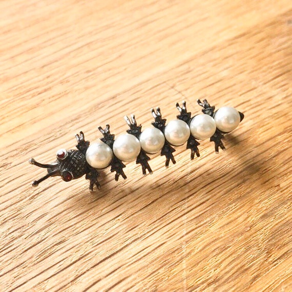 Vintage Pearl, Red Stone & Silver Caterpillar Bro… - image 1