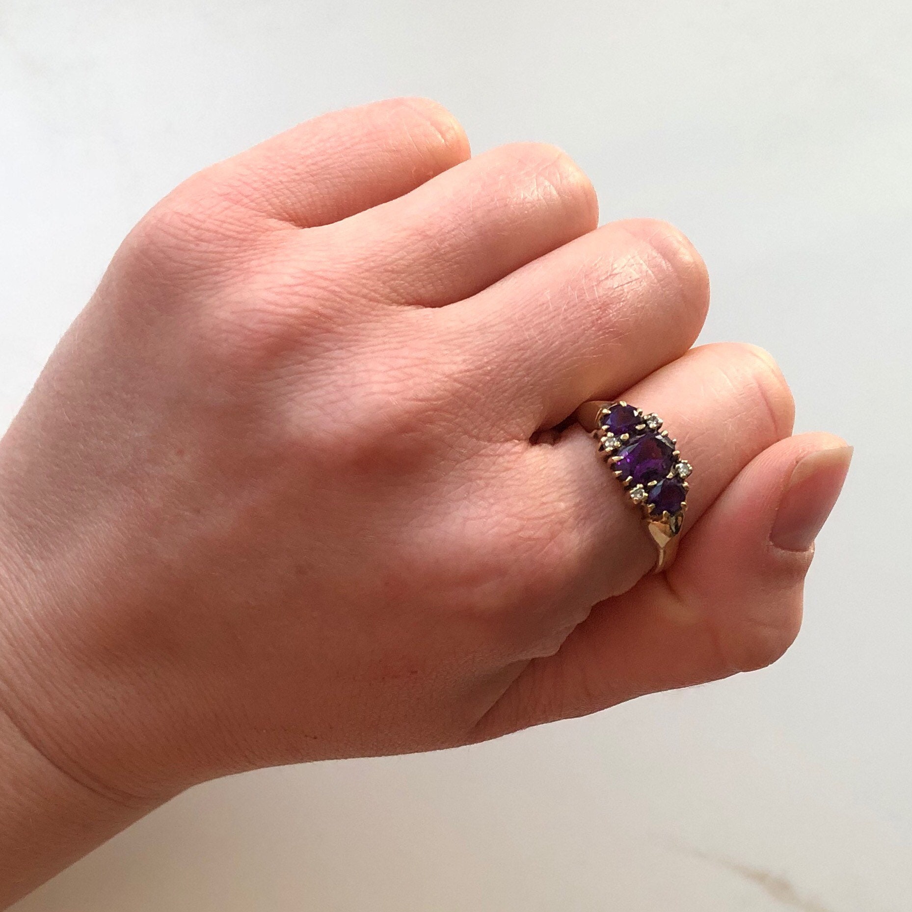 ヴィンテージ 9カラット ゴールド アメジスト＆ダイヤモンド スリー