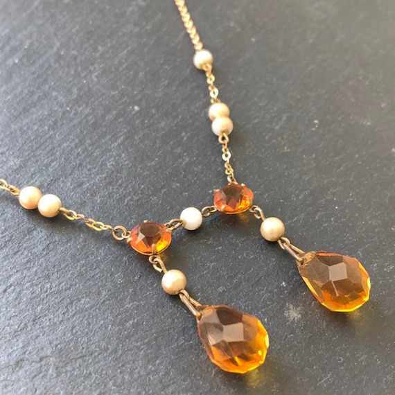 Antique 9 Karat Gold & Gilt Necklace With Orange and White Beads