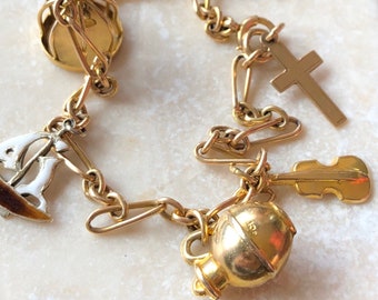 Vintage 9 Carat Gold Charm Bracelet Enamel Sailboat, Bird cage, Kangaroo, Cross, Jug and Violin