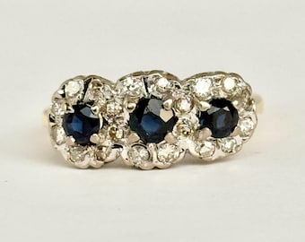 Vintage 18ct Gold Sapphire and Diamond Triple Cluster Ring