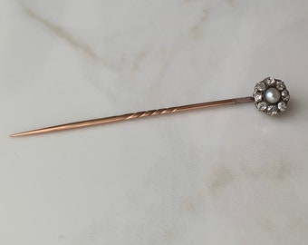 Antique 9 Carat Gold Diamond And Pearl Pin