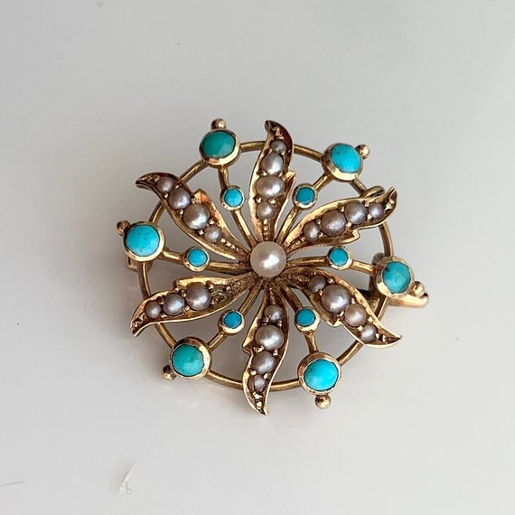 Antique 15 Carat Gold Pearl and Turquoise Brooch - image 1