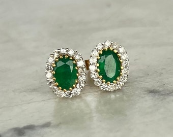 Vintage Pair of 18 Carat Yellow Gold Diamond and Emerald Cluster Earrings in a Box