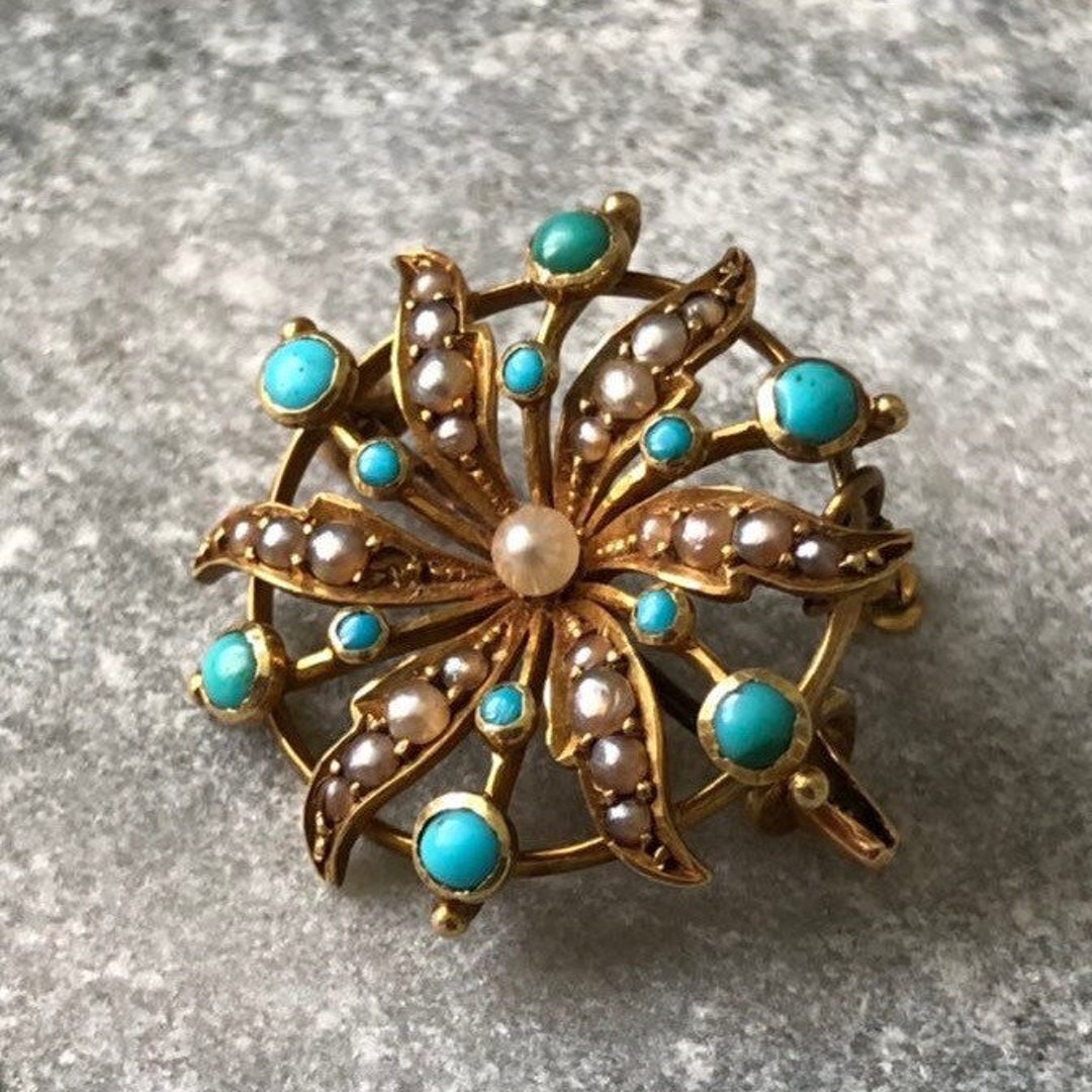Vintage Pearl and Turquoise 15 Karat Gold Brooch - Etsy