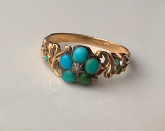 Victorian 9 Carat Yellow Gold Turquoise and Diamond Cluster Ring