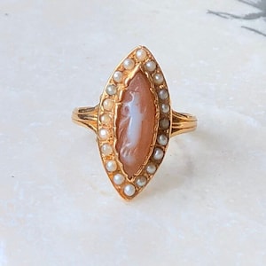 Antique 18 Carat Gold Navette Cameo With Seed Pearl Ring
