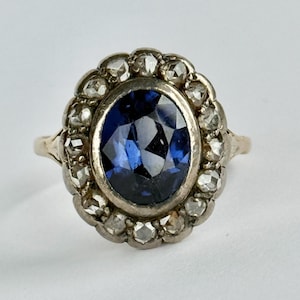 Antique 9 Carat Gold Victorian Sapphire and Rose Cut Diamond Cluster Ring