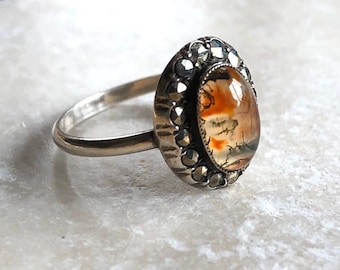 Antique Silver Moss Agate and Marcasite Ring