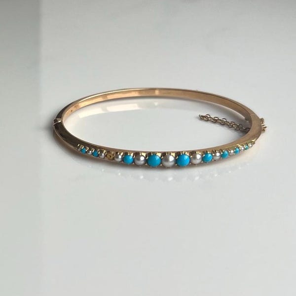 Vintage 9 Karat Gelbgold Türkis Und Perlen Armreif