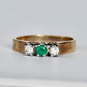 Vintage 9 Carat Yellow Gold Emerald and White Three Stone Ring
