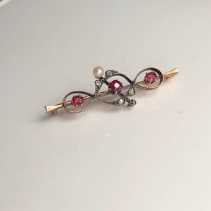 Vintage 9 Carat Yellow Gold Diamond, Pearl and Ruby Brooch