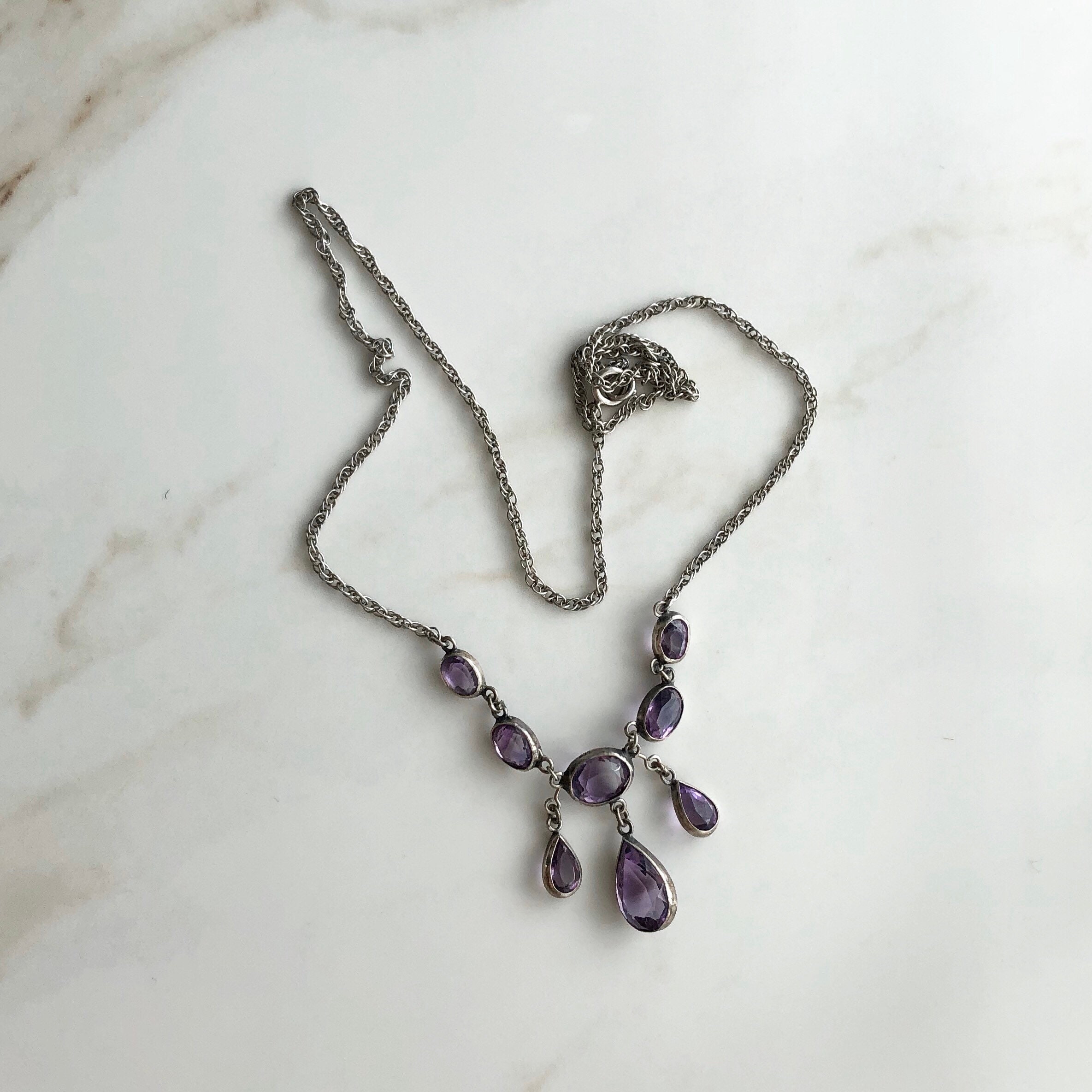 Vintage Sterling Silver Y Necklace Purple Amethyst - Yourgreatfinds