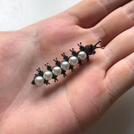 Vintage Pearl, Red Stone & Silver Caterpillar Bro… - image 5