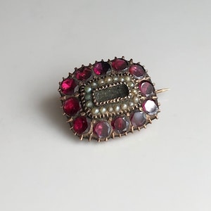 Georgian Garnet and Pearl Gold Locket Brooch With Hairwork