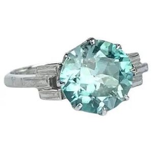 Art Deco 18 Carat White Gold Blue Zircon and Diamond Solitaire Ring