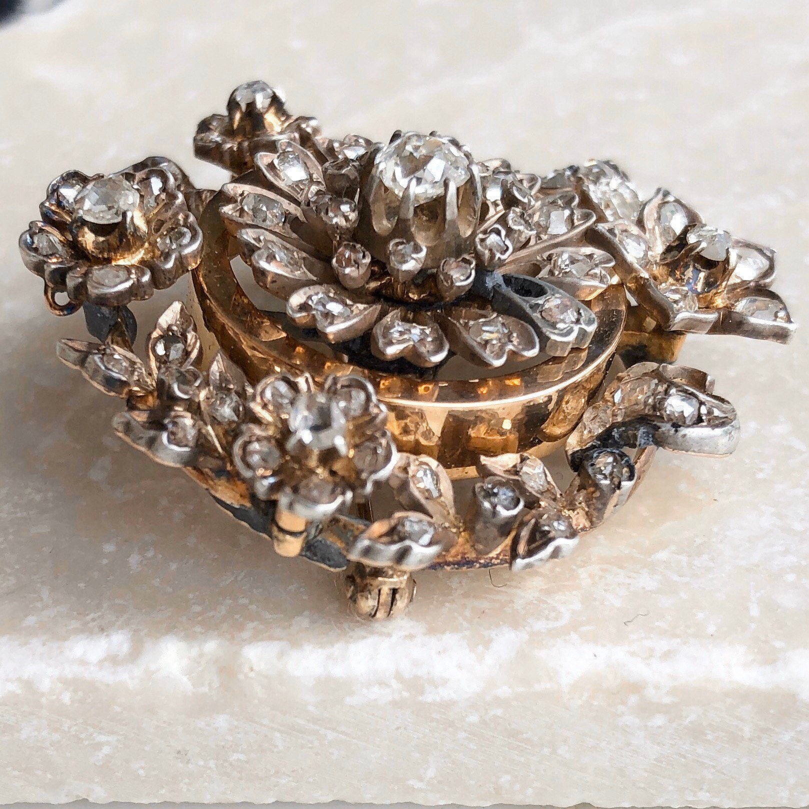 Antique 14 Carat Gold Diamond Brooch 