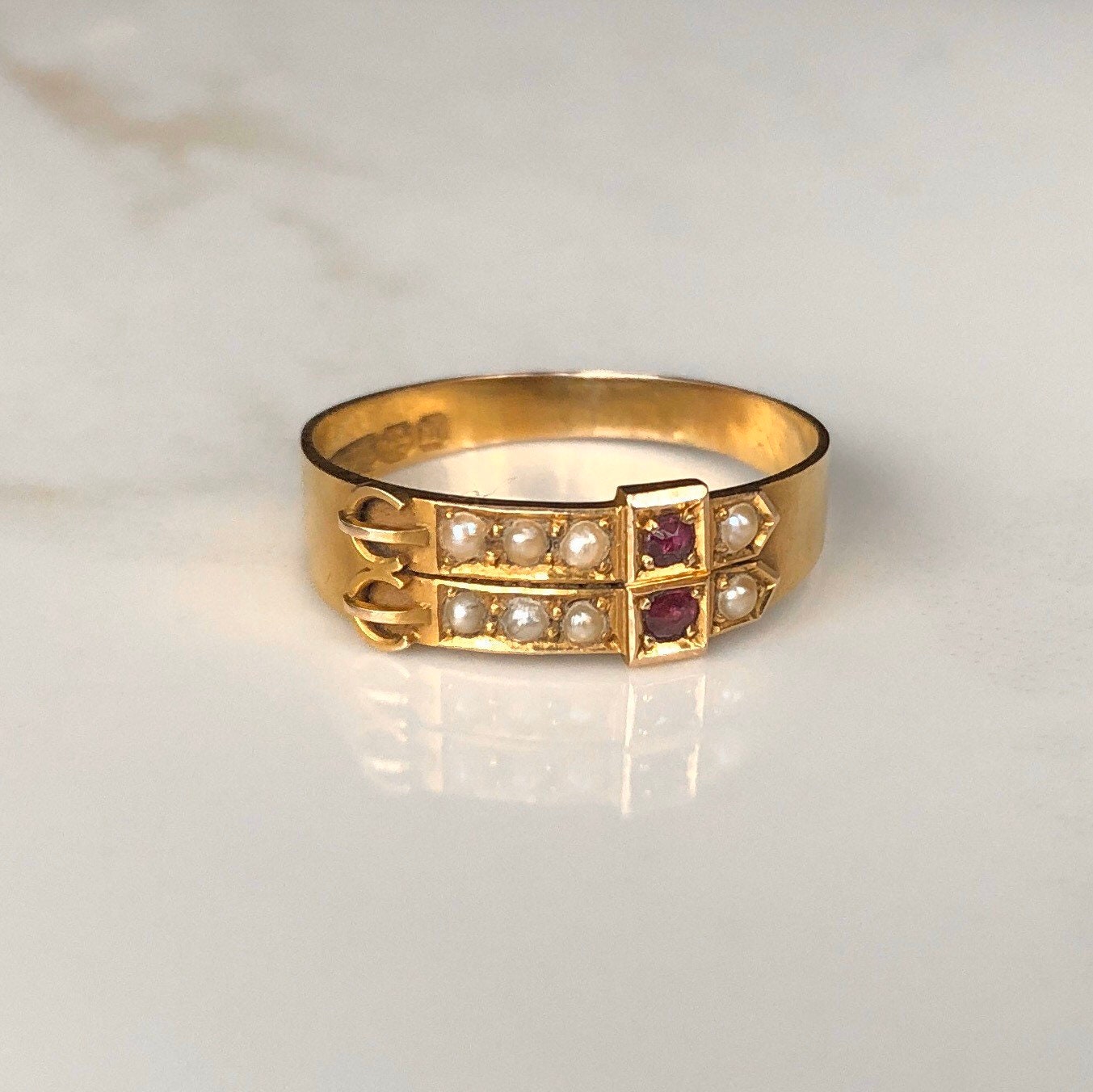 Antique 15 Carat Gold Ruby and Pearl Buckle Ring - Etsy