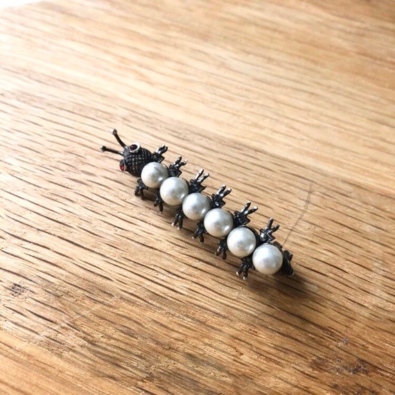 Vintage Pearl, Red Stone & Silver Caterpillar Bro… - image 4