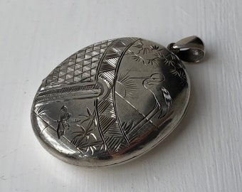 Victorian Silver Locket Pendant with Bird Engraving