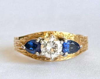 Modern Sapphire and Diamond 18 Carat Gold and Platinum Three Stone Ring