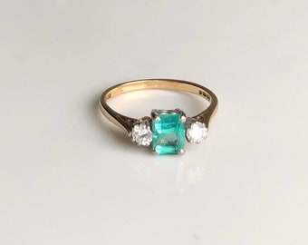 Vintage 9 Carat Yellow Gold Emerald and Diamond Ring