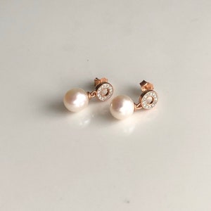 Vintage 9 Carat Rose Gold Diamond and Pearl Dangle Earrings