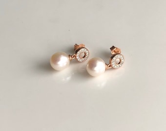 Vintage 9 Carat Rose Gold Diamond and Pearl Dangle Earrings